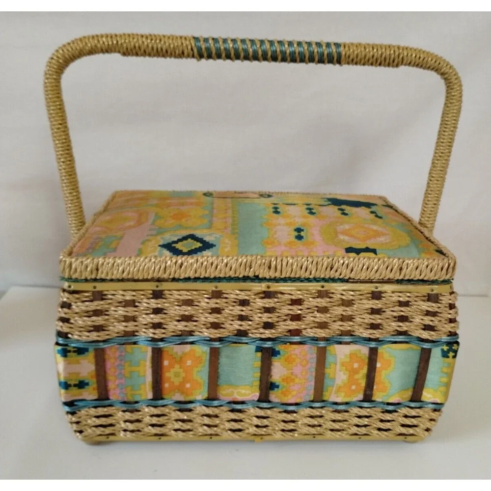 Vintage Wicker Sewing Basket - Accessories & Silk Top Cushion for Pins